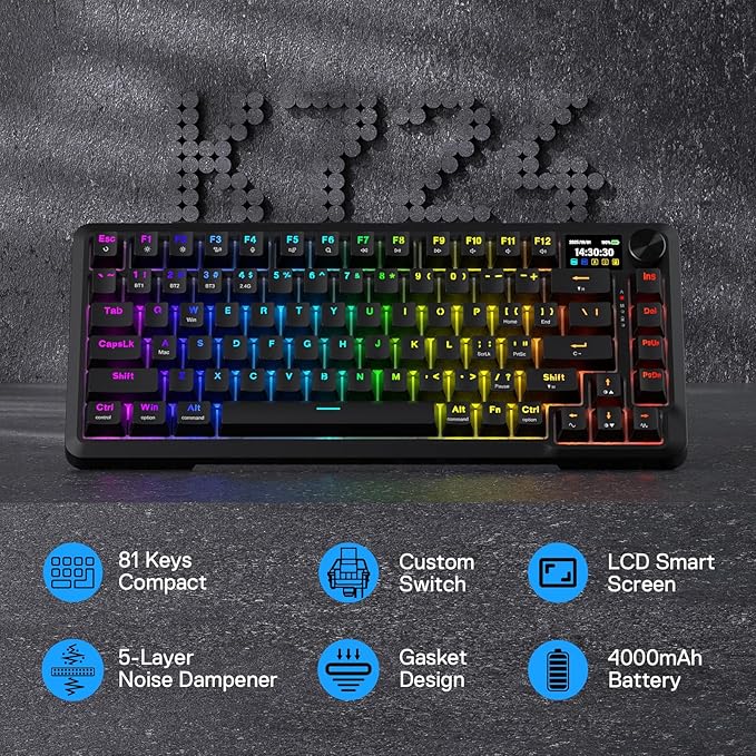 Redragon K724 PRO Wireless Gasket Gaming Keyboard w/Hype Screen &amp Knob 81-Key Mechanical Keyboard Easy-Control 1.14’’ TFT Info Display 5-Layer Noise Dampening Custom Linear Switch