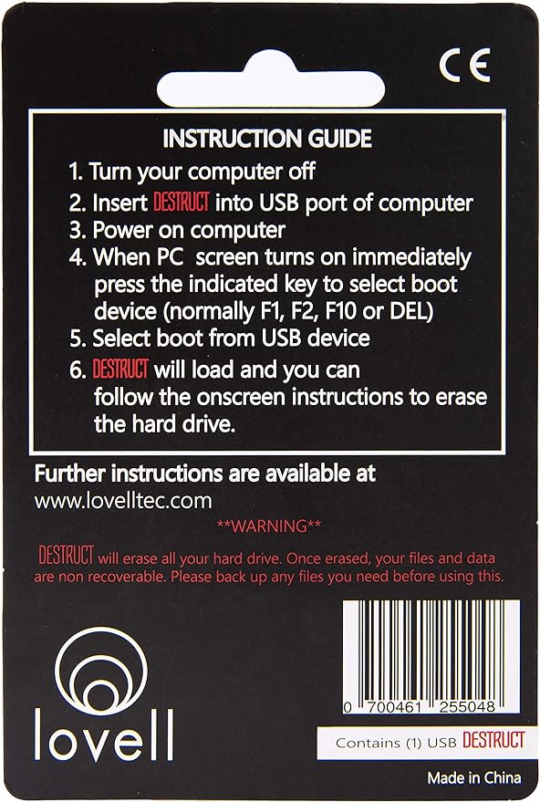 DESTRUCT USB Gadget - Military Grade Hard Drive Wiper - Permanently Erase All Data on PC and Laptops Before Selling