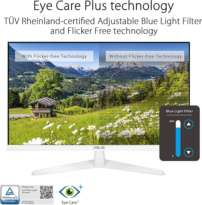 ASUS VY279HE-W 27” 1080P Monitor - White Full HD 75Hz IPS Adaptive-Sync/FreeSync Eye Care Plus Color Augmentation Rest Reminder HDMI VGA Frameless VESA Wall Mountable