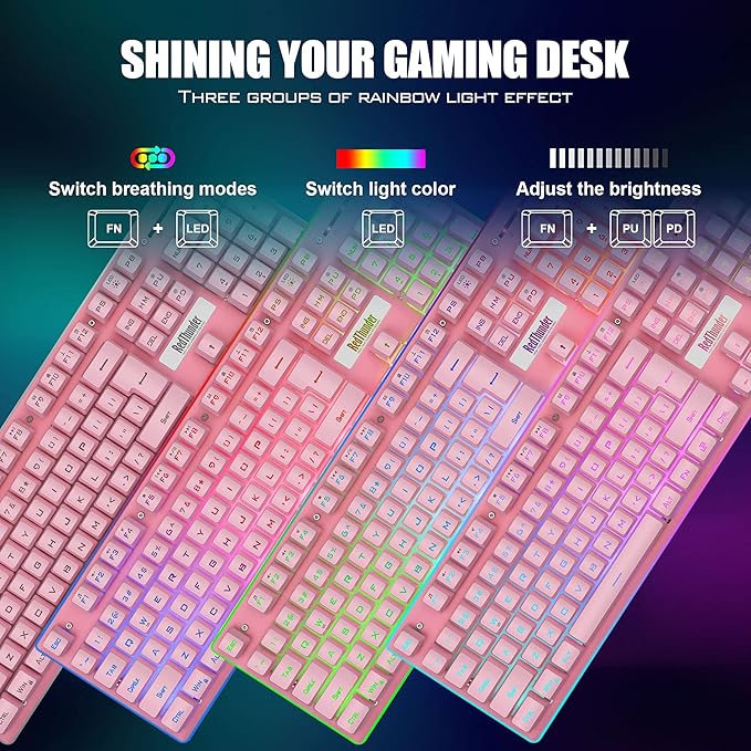RedThunder K10 Wireless Gaming Keyboard and Mouse Combo LED Backlit Rechargeable 3800mAh Battery Mechanical Feel Anti-ghosting Keyboard + 7D 3200DPI Mice for PC Gamer (Pink)