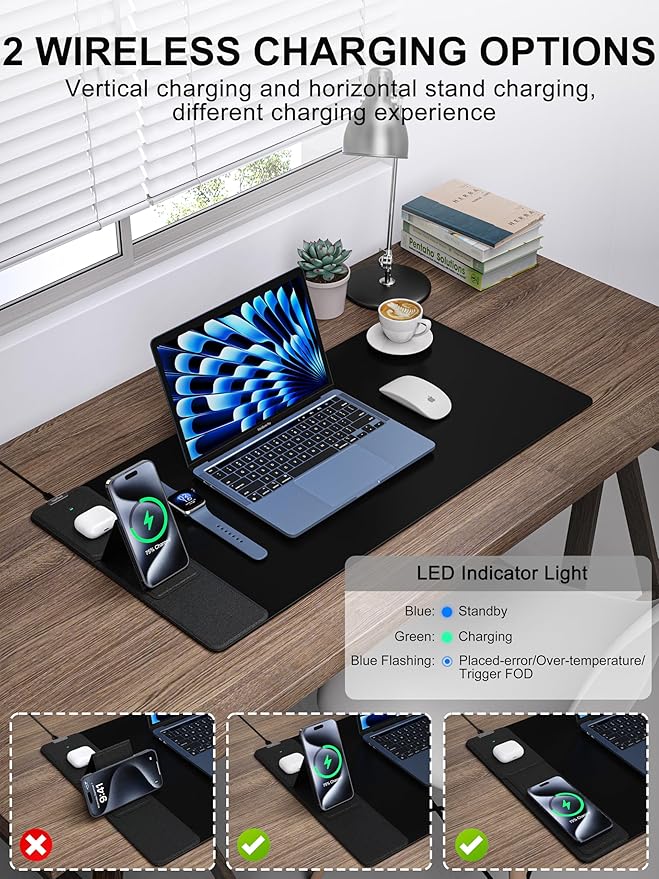 TopMade 4-in-1 Mouse Pad with 15W Wireless Charging Foldable Phone Holder 31.5 x 15.75 XXL Large Desk Pad Gaming Mousepad with Ultra-Smooth Surface Non-Slip Base Waterproof Desk Mat Black