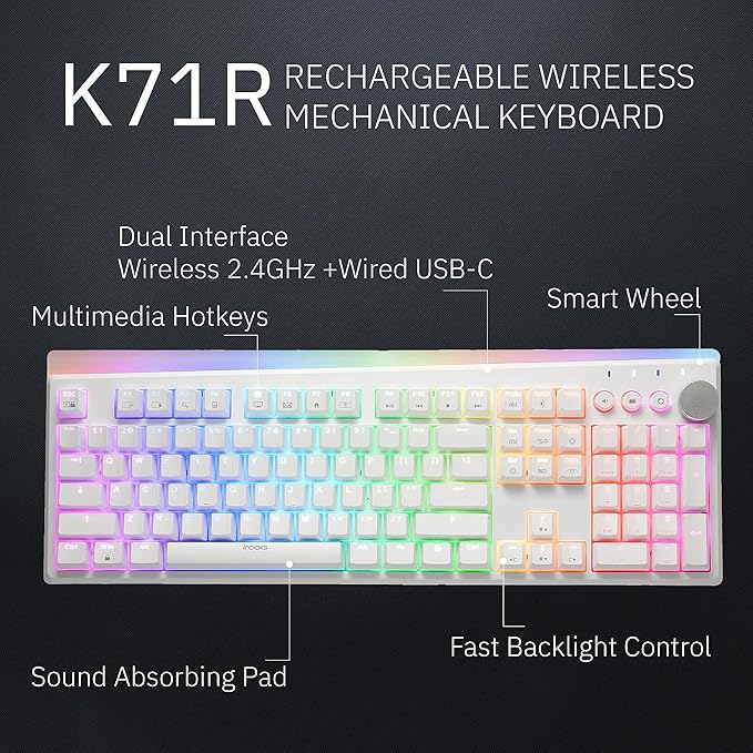 iRocks K71R Wireless RGB Mechanical Gaming KeyboardBrown SwitchesPBT 107 Keys NKRORGB Backlit Pro Keyboard for Gaming and WorkDual Interface Wireless &amp Wired Windows Laptop PC MacWhite