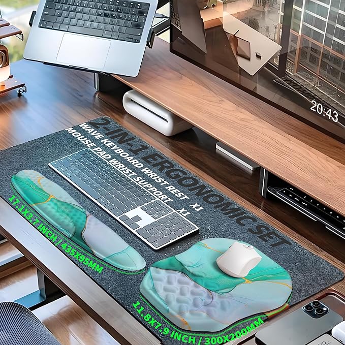2-in-1 Ergonomic Set Wave Keyboard Wrist Rest and Massage Slope Mouse Pad Wrist Support Rebound Memory Foam for Relieve Carpal Tunnel Syndrome and Wrist Pain (Green Gold Marble)