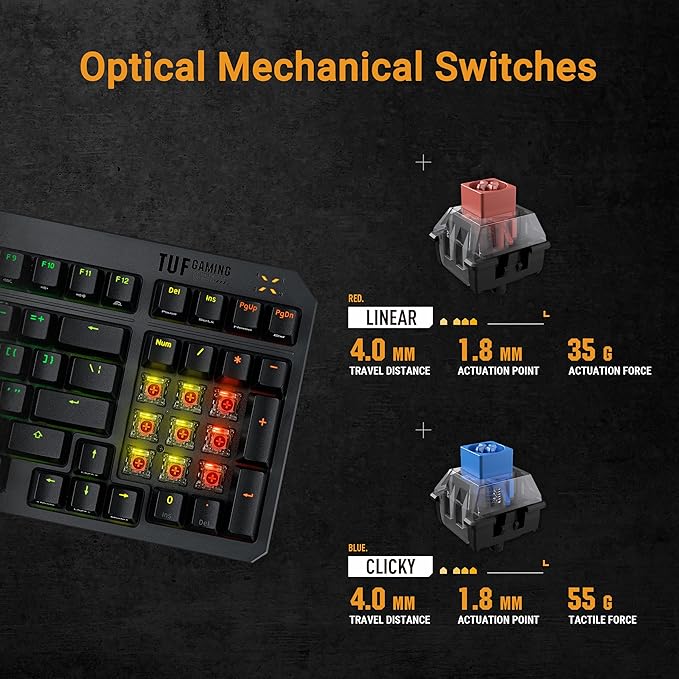 ASUS TUF Gaming K3 Gen II Wired USB Gaming Keyboard – 97-Key Compact Layout Optical-Mechanical Blue (Clicky) Switches PBT Keycaps Detachable Top Plate IP57 Waterproofing PC/Mac Support - Black