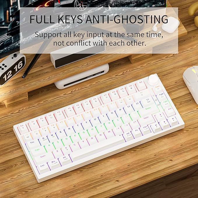 Newmen GM326 75% Percent Mechanical KeyboardWired Mini Backlit Hot Swappable Gaming Mechanical Keyboard with Knob82 Keys Anti-Ghosting Compact White Gaming Keyboards for PC Win MacRed Switch