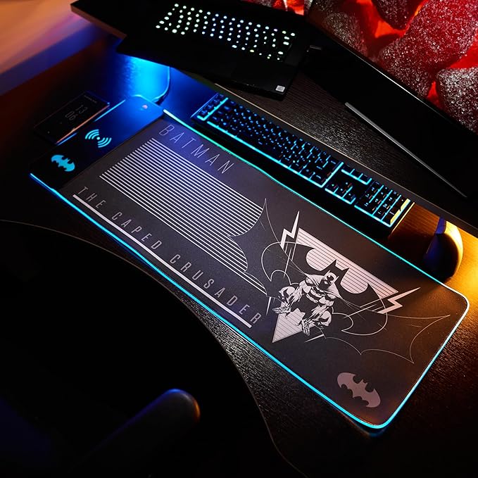 DC Comics Batman XL RGB Gaming Mat with 15W Wireless Charger | Customizable LED Anti-Slip Spill-Resistant