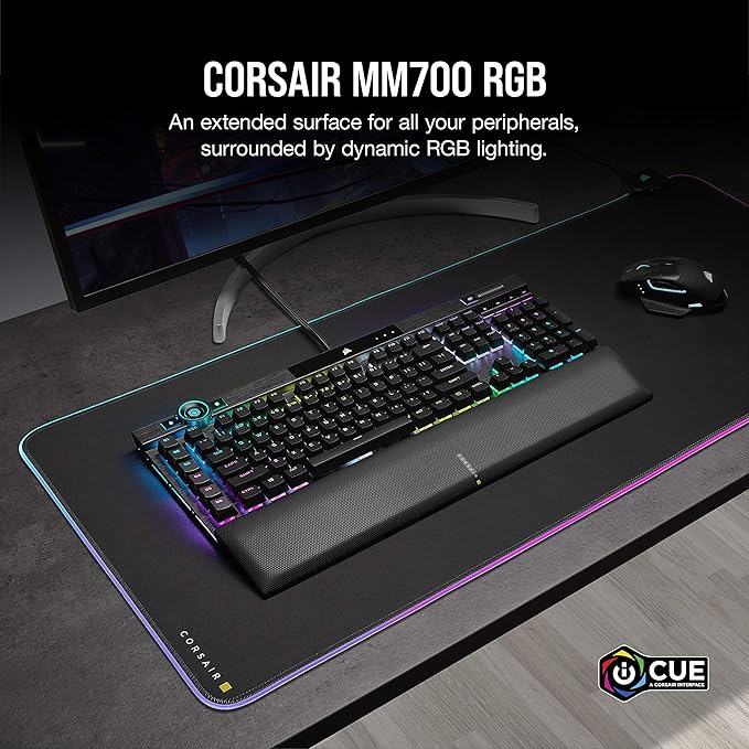 Corsair MM700 RGB Extended Cloth Gaming Mouse Pad - 36.6 x 15.8 - 360° RGB Lighting - Two USB Port Hub - Thick Rubber - Black