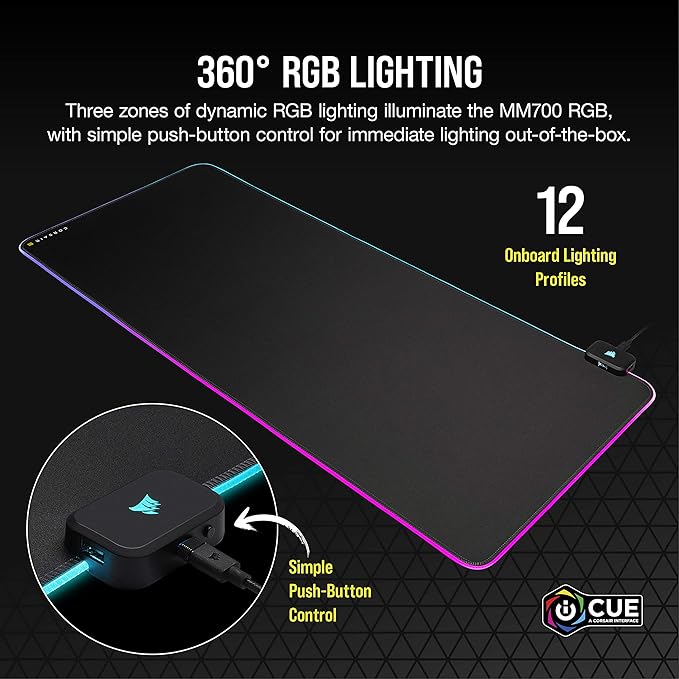 Corsair MM700 RGB Extended Cloth Gaming Mouse Pad - 36.6 x 15.8 - 360° RGB Lighting - Two USB Port Hub - Thick Rubber - Black