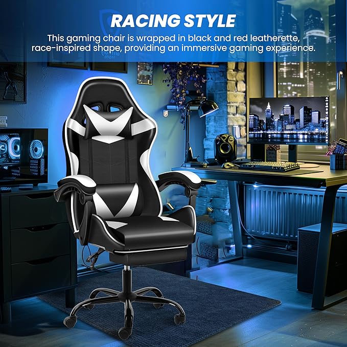 Gaming Chair Ergonomic Computer Chair with Footrest and Lumbar Support Height Adjustable Office Chair with 360° Swivel Seat and Headrest