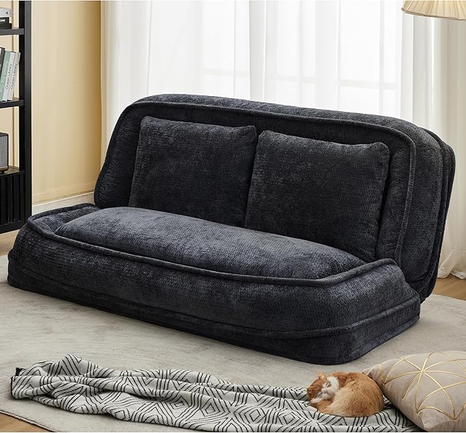 Floor Chair with Back Support Human Dog Bed Folding Loveseat with 5 Adjustable Position 2 Back Cushions Chenille Meditation Gaming Chair for Lazy Boys Living Room Lounge Bedroom Black