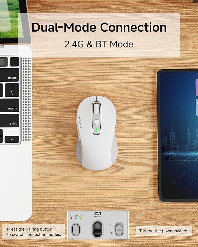 C1 Wireless Mouse for Laptop 2.4GHz and Bluetooth Silent Mouse for Small &amp Middle Hand 4000DPI Portable Ergonomic Rechargeable Mouse for PC iPad Mac Chromebook Office White