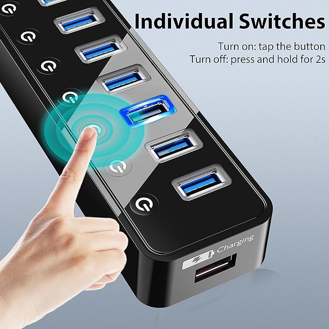 USB Hub 3.0 Powered 7 Ports USB Data Hub Splitter with One Smart Charging Port and 5V/4A Powered Adapter and ON/Off Switches for MacBook Mac Pro/Mini iMac Surface Pro Laptop/PC