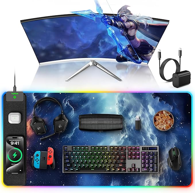 Wireless Charging Mouse Pad RGB Gaming Mousepad Home Office Desk Pad 31.5” x 15.8” XXL Large Desk Mat Waterproof Keyboard Pad Blue Nebula(Includes 20W PD Power Adapter &amp 6.56ft Woven Cable)