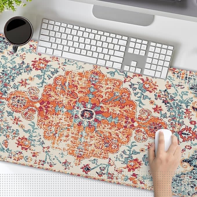 Orange Teal Boho Gaming Mouse Pad Extended 3XL Rug Carpet Bohemian Retro Large Desk Mat Big Mousepad Non-Slip Rubber Base Stitched Edge Long Desk Pad for Desktop Office PC Gamer47.2x23.6 in120x60cm