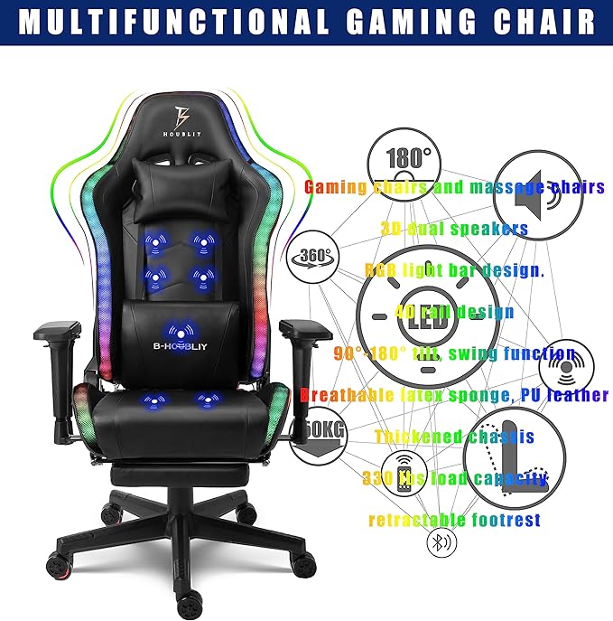 TBQATNTS Gaming Chair with Massage and SpeakersErgonomic Video Gaming Chair with Footrest and Lumbar SupportRGB Racing Gaming Chair Computer Chair for Adults and Teens 400lb.Black