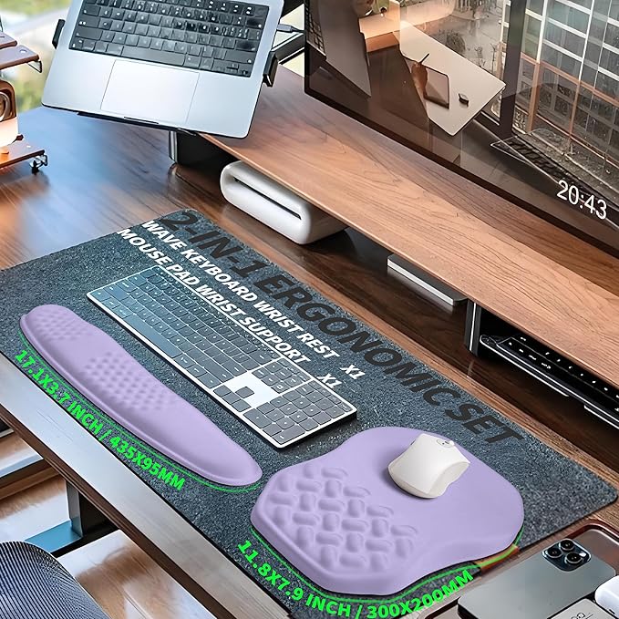 2-in-1 Ergonomic Set Wave Keyboard Wrist Rest and Massage Slope Mouse Pad Wrist Support Rebound Memory Foam for Relieve Carpal Tunnel Syndrome and Wrist Pain (Lavender Purple)