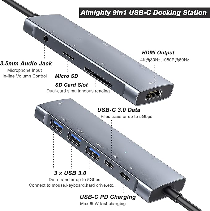 USB C Adapter Docking Station for Galaxy dex iPad ProUSB-C Multiport Adapter with 4K HDMI3.5mm JackPD 100W3 USB3.0SD/TF Card Slotfor MacBook iPhone 15 Samsung Tab