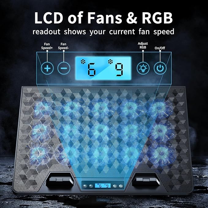 KeiBn Laptop Cooling Pad Gaming Laptop Fan Cooling Pad with 15 Quiet Fans RGB Laptop Cooler for 10-17.3 Inch 4 Height Stands 2 USB Ports - Blue