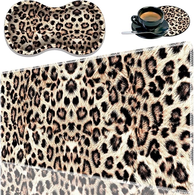 Durable Desk Mat + Wrist Rest Pad + Coasters Set Large Gaming Office Mouse Pad 31.5 x 11.8 Extended Non-Slip Rubber Keyboard Pad Laptop &amp Home Leopard Print Pattern