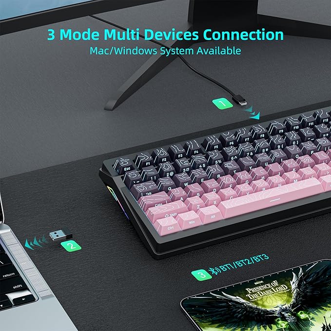 KUTETHY Wireless Mechanical KeyboardSmart Display &amp KnobTri-Mode BT5.0/2.4GHz/USB-CHot Swappable Pre-lubed Kailh SwitchesContour keycapsRGB Backlit Gaming Keyboard (BlackBerry Contours)
