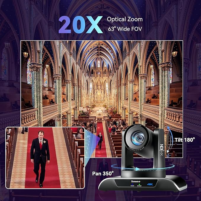 Tenveo 4K NDI PTZ Camera AI Humanoid &amp Face Auto-Tracking HDMI/LAN/USB3.0 PoE PTZ Camera 20X Optical Zoom IP Live Streaming for Church Services Worship Video Conference Live Streaming YouTube OB