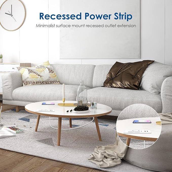 Recessed Power Strip 30W USB CFurniture Flush Mount Desk Outlet2 Outlets 4 USB PortsRecessed Outlet for Side Table/Sofa TableUltra Thin Flat Plug Power Strip3FT Cord (White)