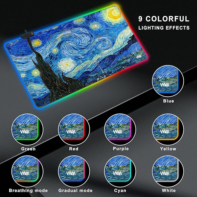 Vyaaa RGB Gaming Mouse Mat 39.3“ x 19.7” XXL Mouse Mat Van Gogh Starry Night LED Mouse Pad Non-Slip Rubber Base Keyboard Mouse Pad Suitable for Home Gaming Office