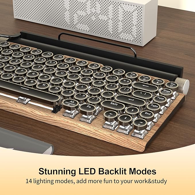 Retro Typewriter Wireless Mechanical Gaming Keyboard Bluetooth 5.0 Office Computer Vintage Keyboards 83-Key Blue Switches Punk Round Keycap LED Backlight Compatible with PC/Laptop/Pad/Phone Wood