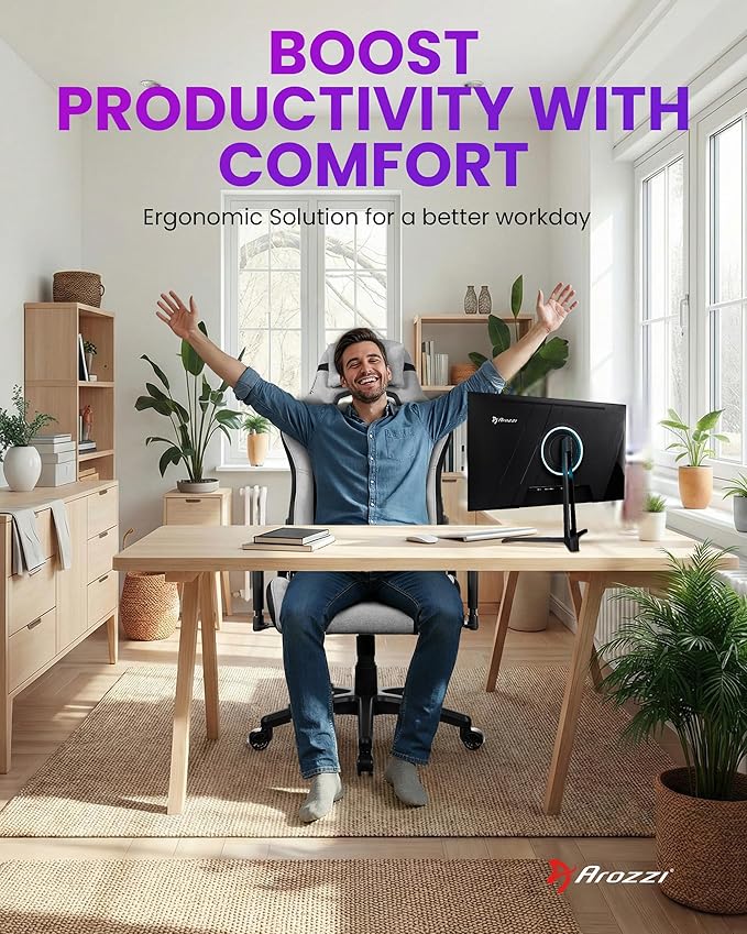 Arozzi Avanti Gaming Chair - Soft Fabric Ergonomic Gaming Chairs for Adults - Adjustable Height Backrest &amp Armrest with Head Pillow - Home Office Setup Professional Computer Chairs Light Grey
