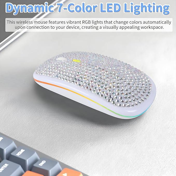 Rechargeable Bluetooth Wireless Mouse with Bling Crystal Rhinestones &amp 7-Color LED Lights - Silent Dual Mode Wireless Mouse for Laptops PCs and Macs - Perfect for Office Travel &amp Home Use (