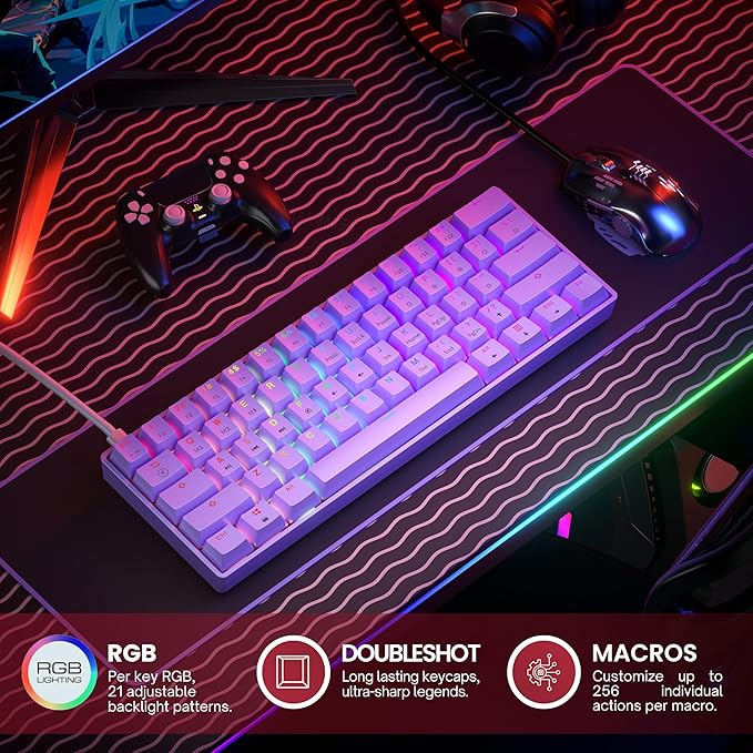 Mechanical Gaming Keyboard - 61 Keys Multi Color RGB Illuminated LED Backlit Wired Programmable for PC/Mac Gamer (Gateron Optical Brown Lavender)