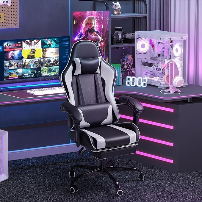 Homall Gaming Chair Video Game Chair with Footrest and Massage Lumbar Support Ergonomic Computer Chair Height Adjustable with Swivel Seat and Headrest (White)