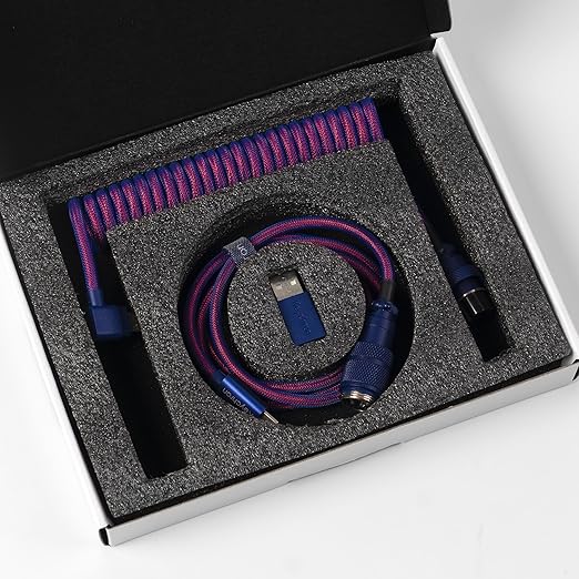 Keychron Premium Coiled USB-C Angled Purple Cable 5-Pin GX16 Detachable Metal Connector USB-A Adapter Double-Sleeved Design for Mechanical Keyboards Charging and Data Sync