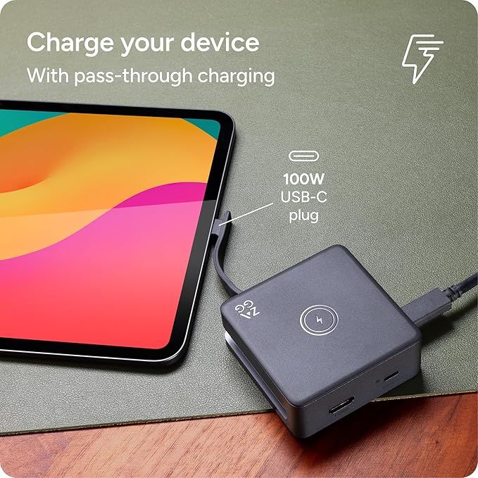ZAGG 4-Port Hub with Wireless Charging - USB-C PD 100W HDMI 4K USB 10Gbps High-Speed Charging &amp 4K Display for Travel Compatible w/Windows macOS iPadOS ChromeOS Android