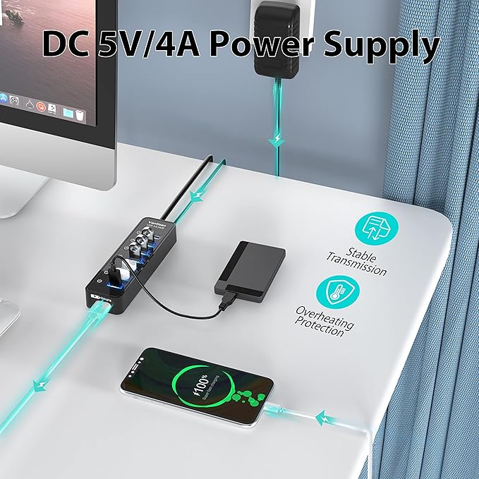 USB Hub 3.0 Powered 7 Ports USB Data Hub Splitter with One Smart Charging Port and 5V/4A Powered Adapter and ON/Off Switches for MacBook Mac Pro/Mini iMac Surface Pro Laptop/PC