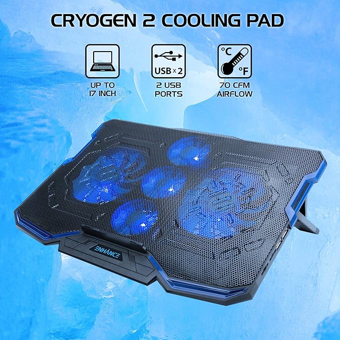 Enhance Cryogen Gaming Laptop Cooling Pad - Fits up to 17 inch Computer - Adjustable Laptop Cooling Stand with 5 Ultra Quiet Cooler Fans 2 USB Ports and LED Lighting - Slim Portable Design 2500 RPM