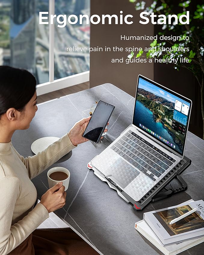AICHESON Laptop Cooling Pad 5 Fans Up to 17.3 Inch Heavy Notebook Cooler Blue LED Lights 2 USB Ports S035 Blue-5fans