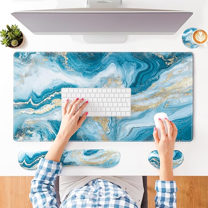QiyI Leather Desk Mat Set 4-in-1 Large Mouse Pad with Wrist Rest Non-Slip Desk Pad + Keyboard Wrist Rest + Mouse Wrist Support + Coaster Office Desk Accessories Home Decor Supplies Blue Fluid Art
