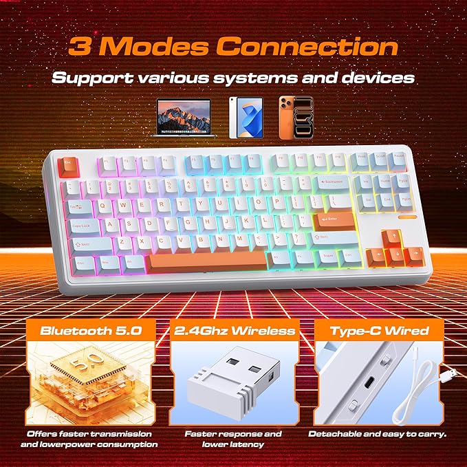 Linky 87 Wireless Mechanical KeyboardTri-Mode BT5.0/2.4GHz/USB-C Hot Swappable Custom Keyboard Linear SwitchesRGB Backlit Computer Gaming Keyboards for PC/Tablet/PS/Xbox(Ocean Sunrise)