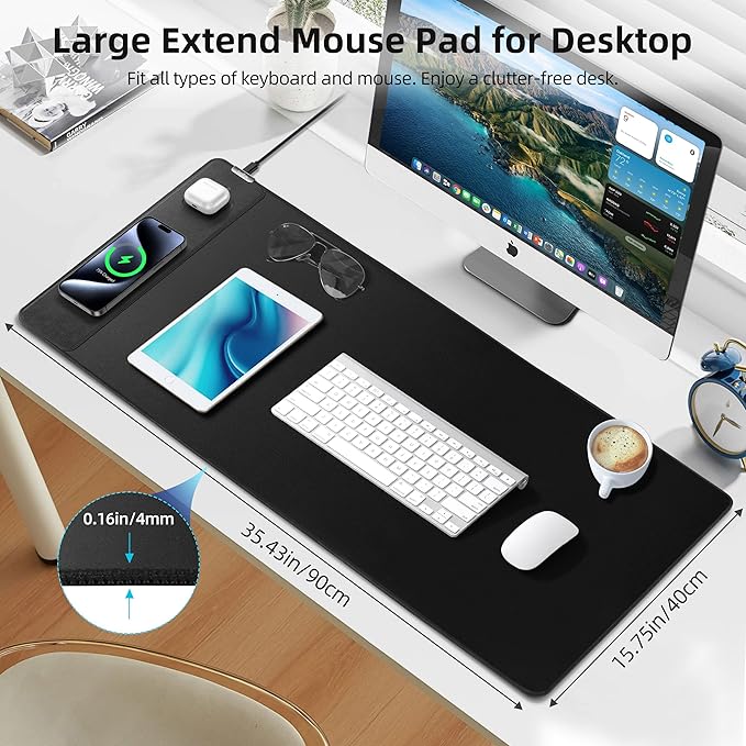Mouse Pad with Wireless Charging Gaming Mouse Pad with Ultra-Smooth Surface Large XXL Desk Mat Non-Slip Mouse Mat Waterproof Computer Keyboard Pad for Gaming Desk Office PC 900x400x4MM Black