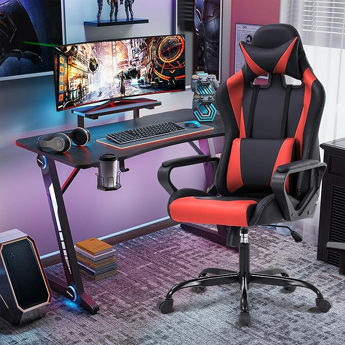 Gaming Chair High Back PU Leather Gaming Chairs Computer Chair with Armrest Headrest and Lumbar Support for Kids Teen Adults Men Women Height Adjustable Gamer Chair Computer Chairs for Adults
