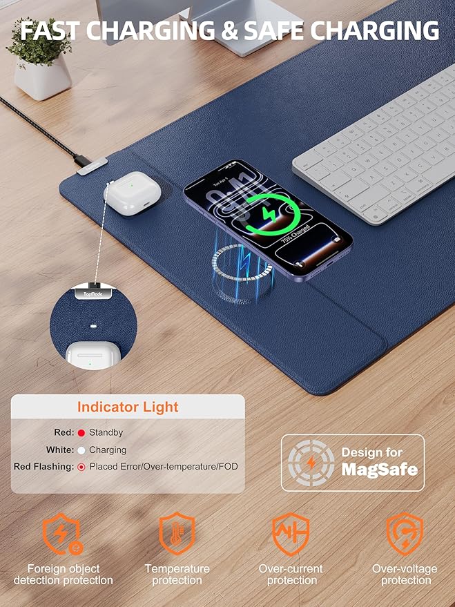 TopMade Mouse Pad with 15W Wireless Charging XXL Large Leather Desk Mat Waterproof Gaming Mousepad Home Office Desk Pad Protector Computer Keyboard Pad Mouse Mat for MacBook PC Laptop Blue