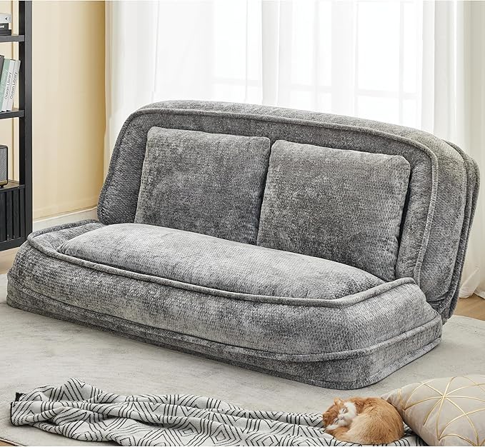 Floor Chair with Back Support Human Dog Bed Folding Loveseat with 5 Adjustable Position 2 Pillows Chenille Meditation Gaming Chair for Lazy Boys Living Room Lounge Bedroom Light Grey