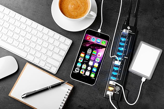 SmartDelux Powered USB Hub - 13-Port USB 3.0 Hub with 10 USB 3.0 Ports 3 Smart Charging Ports Power Adapter Long Cord LEDs - Black Aluminum