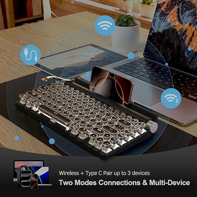 Taiahiro Retro Typewriter Mechanical Keyboard Wireless Bluetooth 5.0 LED Backlit Office Computer Keyboards with 83-Key Clicky Blue Switches Vintage Design for PC/Laptop/Mac/Pad/Phone/Gaming Black