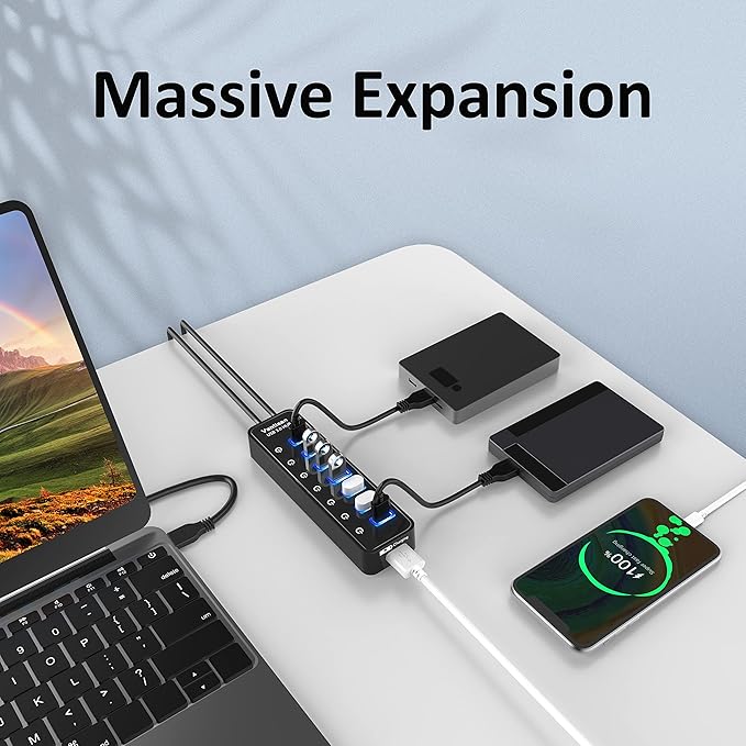 USB Hub 3.0 Powered 7 Ports USB Data Hub Splitter with One Smart Charging Port and 5V/4A Powered Adapter and ON/Off Switches for MacBook Mac Pro/Mini iMac Surface Pro Laptop/PC