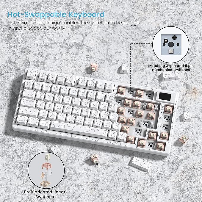 Womier SK80 75% Percent Keyboard Gaming with Color Multimedia Display Mechanical Keyboard Topographic Hot Swappable Gasket Mount RGB Creamy Key Board Pre-lubed POM Switch for Mac/WinWhite
