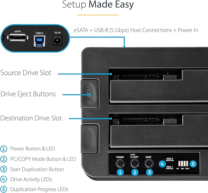 StarTech.com Standalone Hard Drive Duplicator External Dual Bay USB 3.0 (5 Gbps) / eSATA to 2.5/3.5 SATA III HDD/SSD Cloner/Copier Hard Disk Docking Station Cloning/Recovery (SDOCK2U33RE)Black