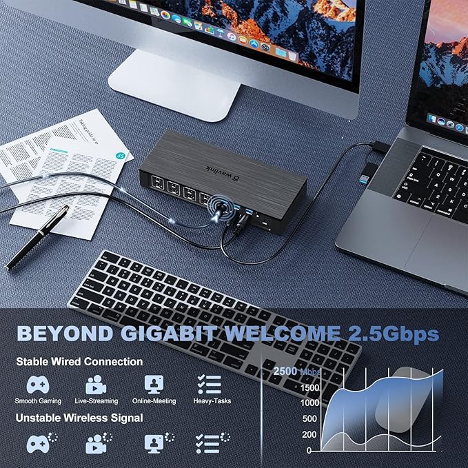WAVLINK DisplayLink Laptop Docking Station - Quad Monitor 5K/4K@60Hz 100W Charging - Thunderbolt 4/3 USB-C/A - M1-M5 Mac/Windows/Chrome/Ubuntu - 4 HDMI 4 DP 180W Power SD 4.0 CR 2.5Gbps LAN