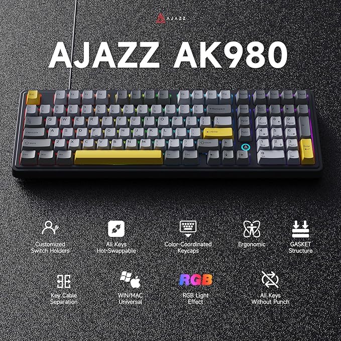 NACODEX AK980 Wired Mechanical Gaming Keyboard 98% Gasket Hot Swappable Keyboard with RGB Backlit PBT Keycaps Five-Layer Padding 101 Keys Gaming Keyboard Gray White Yellow